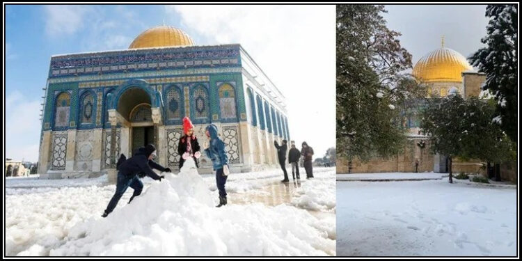 فلسطین میں برفباری، جنگی ماحول سے خوفزدہ بچے خوشی سے نہال