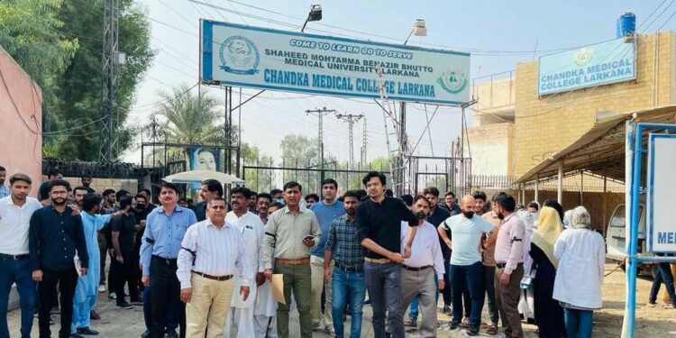 لاڑکانہ:کراچی میں محکمہ صحت کے ملازمین پر تشدد اور گرفتاریوں کے خلاف بازؤں پر سیاہ پٹیاں باندھ کر احتجاجی ریلی