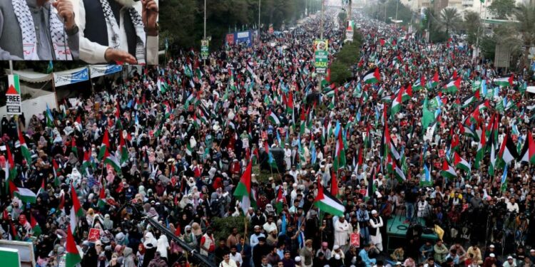 حماس کی اپیل پر احتجاج ٗ شاہراہ فیصل پر ”غزہ ملین مارچ“ امریکہ واسرائیل کی مذمت