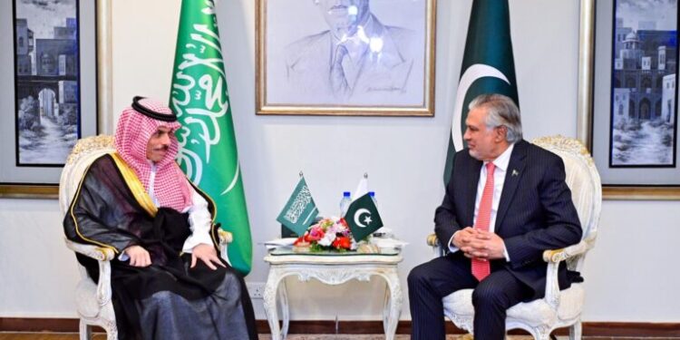 وزیر خارجہ اسحاق ڈار سے سعودی وزیر خارجہ شہزادہ فیصل بن فرحان کی ملاقات ، باہمی فائدے کے لیے متعدد شعبوں میں وسیع تجارت اور سرمایہ کاری کے تعاون کے امکانات پر تبادلہ خیال کیا