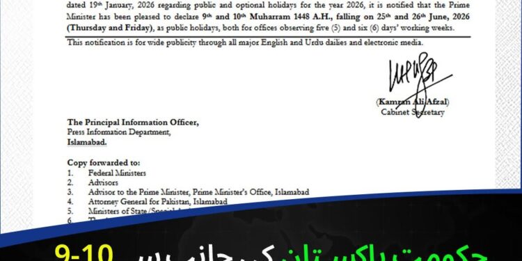 عاشورہ محرم کے موقع پر وفاقی حکومت کا 25 اور 26 جون کو ملک بھر میں عام تعطیل کا اعلان