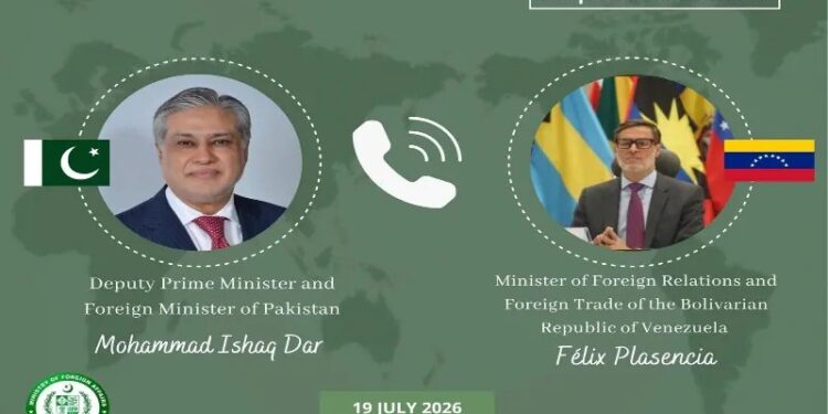 نائب وزیرِ اعظم سے وینزویلا کے نئے وزیرِ برائے خارجہ تعلقات و بین الاقوامی تجارت کا ٹیلی فونک رابطہ، مختلف شعبوں میں تعاون کو وسعت دینے کے مواقع بارے بات چیت کی